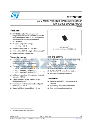 STTS2002 datasheet - 2.3 V memory module temperature sensor with a 2 Kb SPD EEPROM