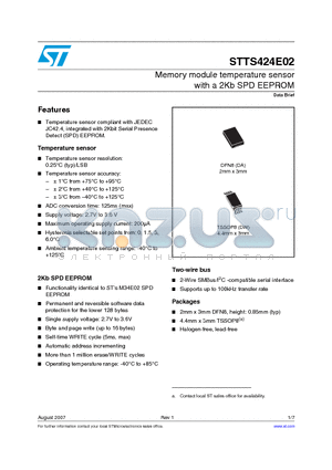 STTS424E02 datasheet - Memory module temperature sensor with a 2Kb SPD EEPROM