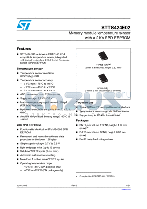 STTS424E02BDN3E datasheet - Memory module temperature sensor with a 2 Kb SPD EEPROM