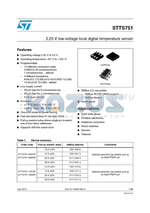 STTS751-0WB3F datasheet - 2.25 V low-voltage local digital temperature sensor