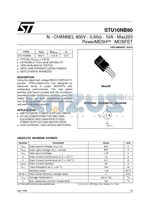 STU10NB80 datasheet - N - CHANNEL 800V - 0.65ohm - 10A - Max220 PowerMESHO MOSFET