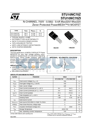 STU10NC70ZI datasheet - N-CHANNEL 700V - 0.58ohm - 9.4A Max220/I-Max220 Zener-Protected PowerMESHIII MOSFET