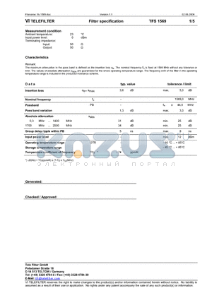 TFS1569 datasheet - Filter specification