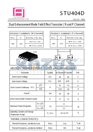 STU404D datasheet - Dual E nhancement Mode Field Effect Transistor (N and P Channel)