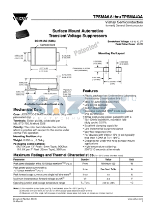 TPSMA11 datasheet - Surface Mount Automotive Transient Voltage Suppressors