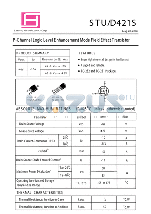 STU421S datasheet - P -Channel Logic Level E nhancement Mode F ield E ffect Transistor