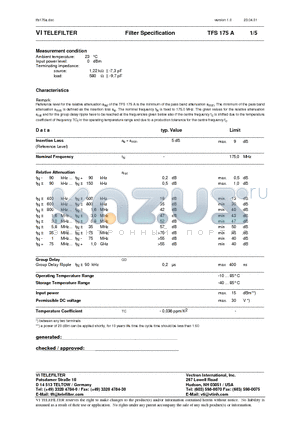 TFS175A datasheet - Filter Specification