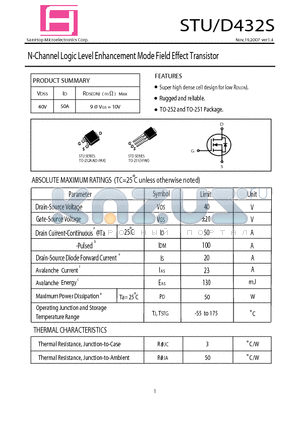 STU432S datasheet - N-Channel Logic Level Enhancement Mode Field Effect Transistor