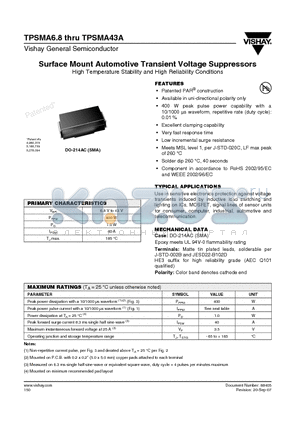 TPSMA13 datasheet - Surface Mount Automotive Transient Voltage Suppressors High Temperature Stability and High Reliability Conditions