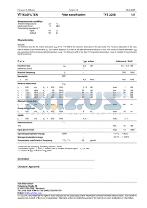 TFS208B datasheet - Filter Specification