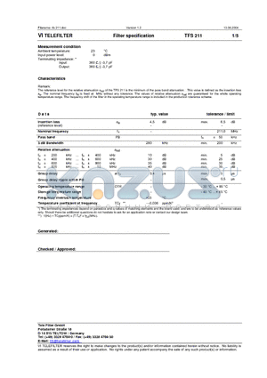 TFS211 datasheet - Filter specification