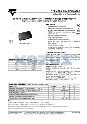 TPSMA24A datasheet - Surface Mount Automotive Transient Voltage Suppressors High Temperature Stability and High Reliability Conditions