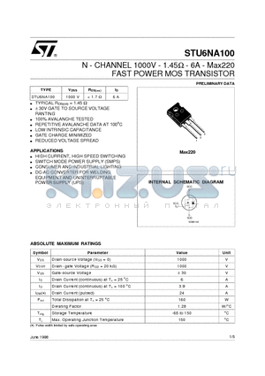 STU6NA100 datasheet - N - CHANNEL 1000V - 1.45ohm - 6A - Max220 FAST POWER MOS TRANSISTOR