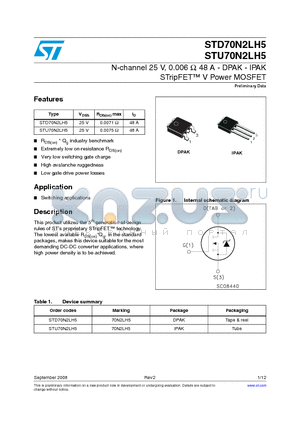 STU70N2LH5 datasheet - N-channel 25 V, 0.006 Y, 48 A - DPAK - IPAK STripFET V Power MOSFET