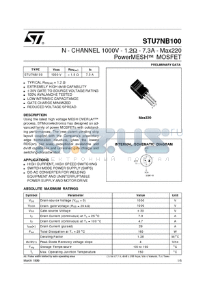 STU7NB100 datasheet - N - CHANNEL 1000V - 1.2ohm - 7.3A - Max220 PowerMESH MOSFET