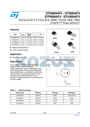 STU90N4F3 datasheet - N-channel 40 V, 5.4 mY, 80 A, DPAK, TO-220, IPAK, I2PAK STripFET Power MOSFET