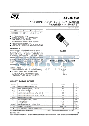 STU8NB90 datasheet - N-CHANNEL 900V - 0.7ohm - 8.9A - Max220 PowerMESH  MOSFET