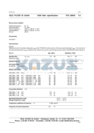 TFS246H2 datasheet - SAW filter specification