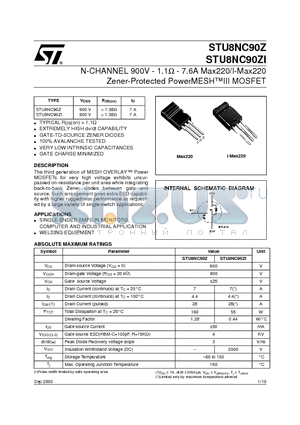 STU9NC90ZI datasheet - N-CHANNEL 900V - 1.1ohm - 7.6A Max220/I-Max220 Zener-Protected PowerMESHIII MOSFET