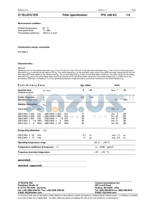 TFS246KC datasheet - Filter specification