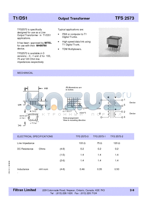 TFS2573-2 datasheet - T1/DS1 Output Transformer