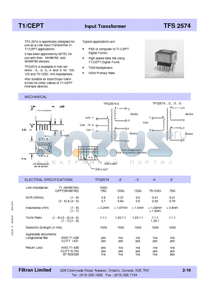 TFS2574 datasheet - T1/CEPT Input Transformer