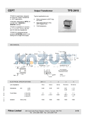 TFS2915 datasheet - CEPT Output Transformer