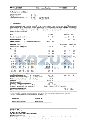 TFS300C datasheet - Filter specification