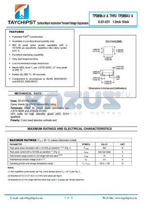 TPSMB20 datasheet - Surface Mount Automotive Transient Voltage Suppressors