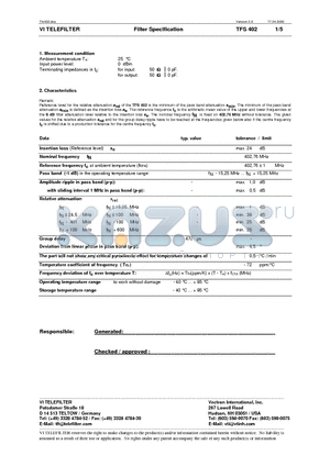 TFS402 datasheet - Filter Specification