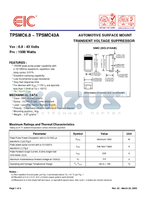 TPSMC11 datasheet - AUTOMOTIVE SURFACE MOUNT TRANSIENT VOLTAGE SUPPRESSOR