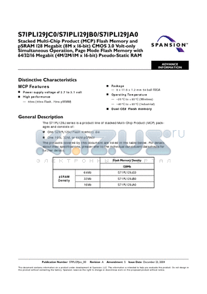 S71PL129JA0BFW9Z3 datasheet - Stacked Multi-Chip Product (MCP) Flash Memory