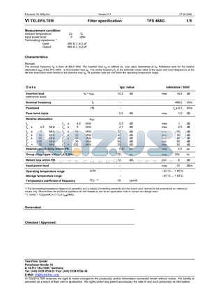 TFS468G datasheet - Filter specification