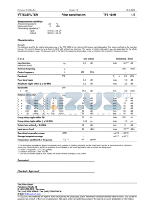 TFS468M datasheet - Filter specification