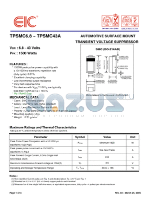 TPSMC27 datasheet - AUTOMOTIVE SURFACE MOUNT TRANSIENT VOLTAGE SUPPRESSOR