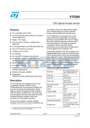 STV-366-R05 datasheet - 1.8V optical mouse sensor