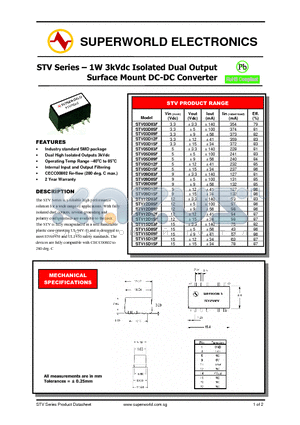 STV03D12F datasheet - 1W 3kVdc Isolated Dual Output Surface Mount DC-DC Converter