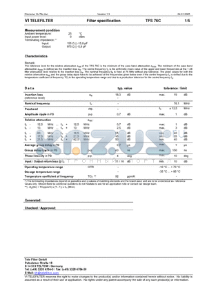 TFS76C datasheet - Filter specification