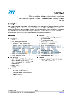 STV0900 datasheet - Multistandard advanced dual demodulator for Satellite Digital TV and Data services set-top boxes
