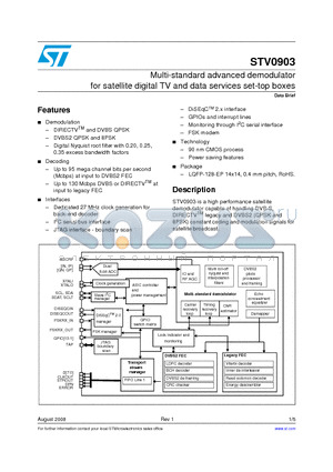 STV0903 datasheet - Multi-standard advanced demodulator for satellite digital TV and data services set-top boxes