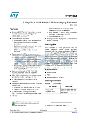 STV0984 datasheet - 2 MegaPixel SMIA Profile 2 Mobile Imaging Processor