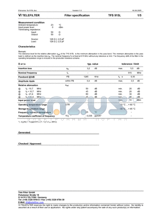 TFS915L datasheet - Filter specification