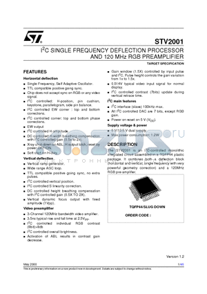 STV2001 datasheet - I2C SINGLE FREQUENCY DEFLECTION PROCESSOR AND 120 MHz RGB PREAMPLIFIER