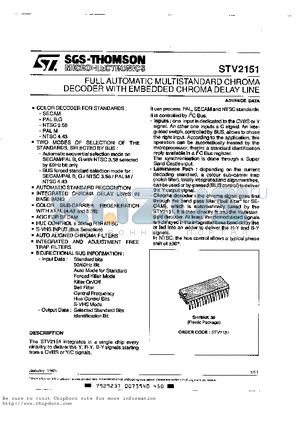 STV2151 datasheet - FULL AUTOMATIC MULTISTANDARD CHROMA DECODER WITH EMBEDDED CHROMA DELAY LINE