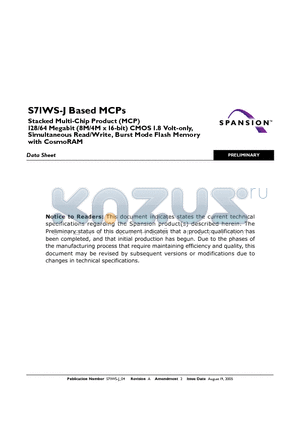 S71WS064JA0BAW2Y2 datasheet - Stacked Multi-Chip Product (MCP)