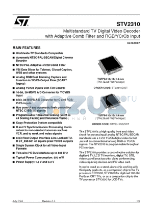 STV2310SDT datasheet - Multistandard TV Digital Video Decoder with Adaptive Comb Filter and RGB/YCrCb Input