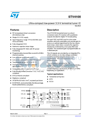 STV4100B datasheet - Ultra-compact low-power 3.3-V terrestrial tuner IC