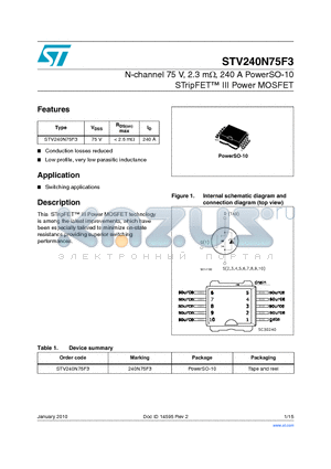 STV240N75F3 datasheet - N-channel 75 V, 2.3 mY, 240 A PowerSO-10 STripFET III Power MOSFET