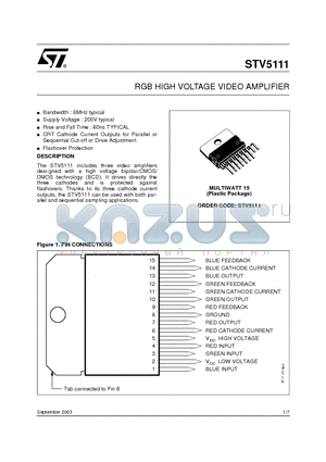 STV5111 datasheet - RGB HIGH VOLTAGE VIDEO AMPLIFIER