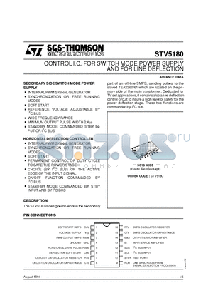 STV5180 datasheet - CONTROL I.C. FOR SWITCH MODE POWER SUPPLY AND FOR LINE DEFLECTION
